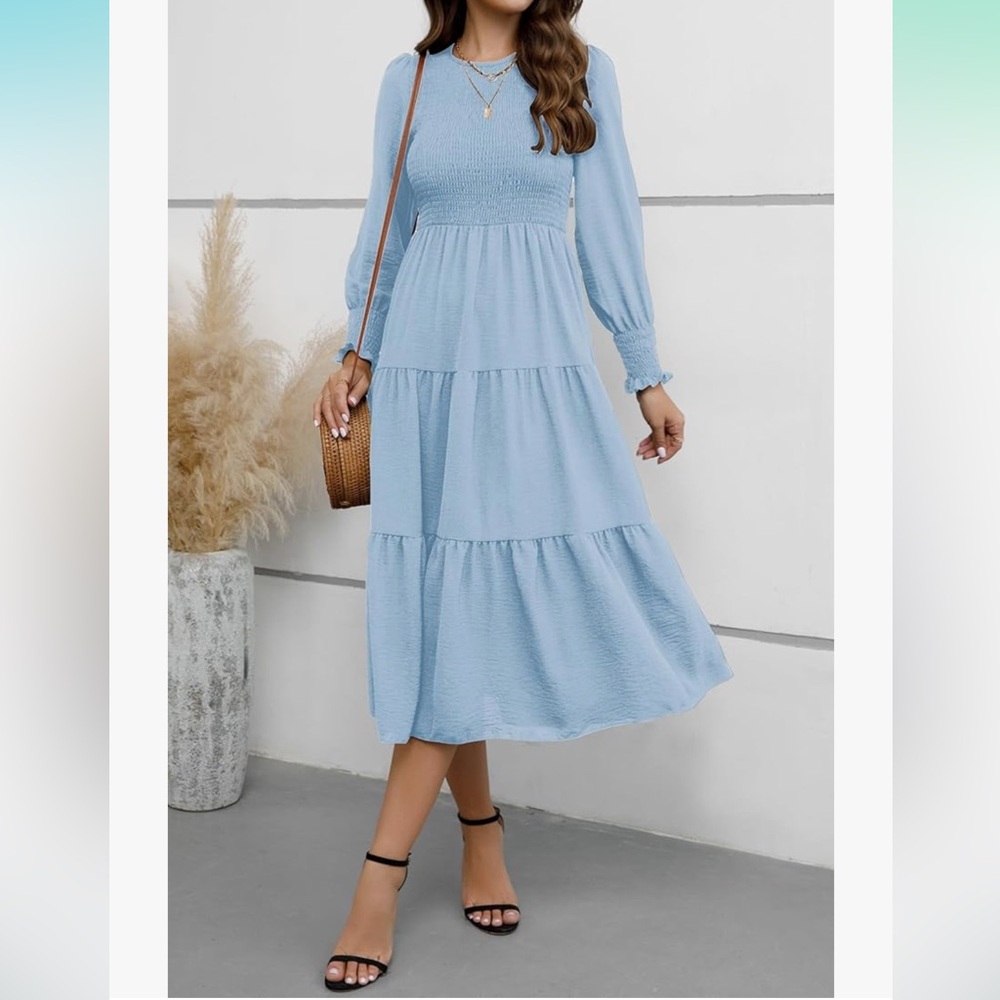 Boutique periwinkle blue Long Sleeve smocked tiered dress Size L